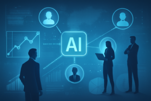 IA de prospecção ilustrada com gráficos e conexões entre leads