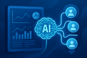 Ilustração de IA conectando dados de leads no funil de prospecção