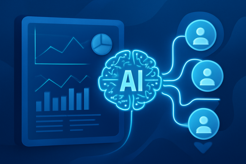 Ilustração de IA conectando dados de leads no funil de prospecção