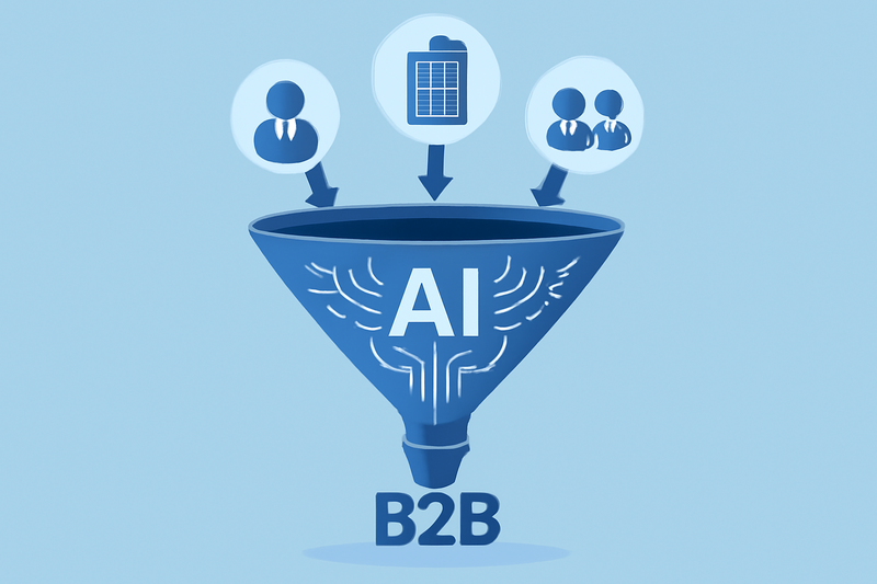 Ilustração de funil de vendas com elementos de IA e dados