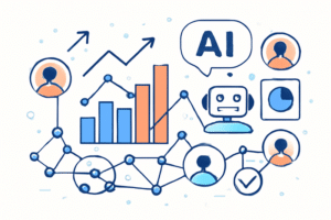 Ilustração de prospeção com IA com gráficos e ícones de leads