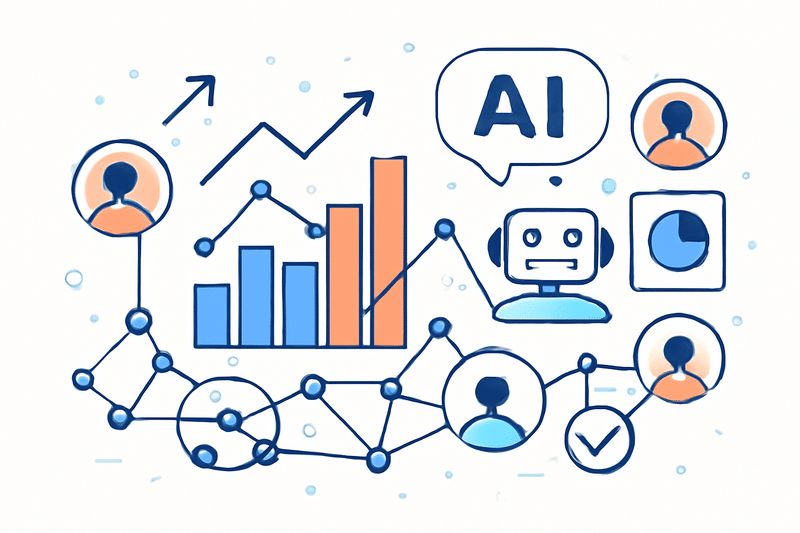 Ilustração de prospeção com IA com gráficos e ícones de leads