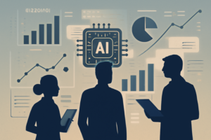 Ilustração de IA aplicando prospecção em vendas com gráficos e dados
