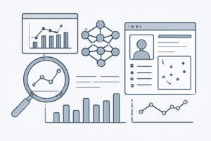 Ilustração de IA aplicada à prospecção com gráficos e CRM