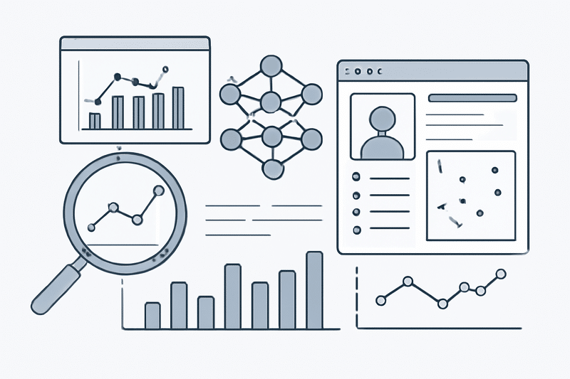 Ilustração de IA aplicada à prospecção com gráficos e CRM