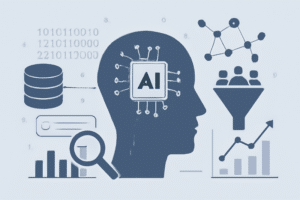 Ilustração de IA aplicando prospecção em funil de vendas com gráficos