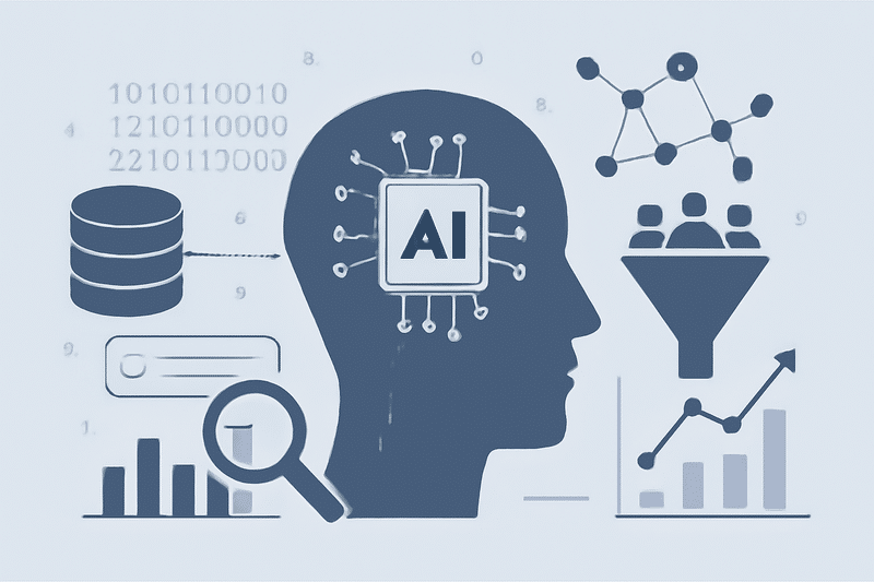 Ilustração de IA aplicando prospecção em funil de vendas com gráficos