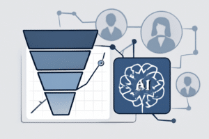 Ilustração técnica de prospeção com IA e funil de vendas