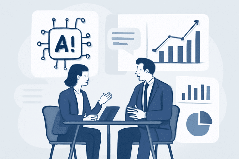 Ilustraçao de IA aplicada a prospeccao com dados e pessoas em interação