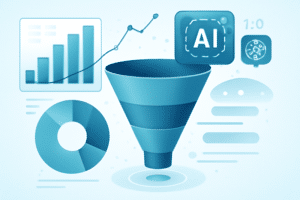 Ilustracao tecnica de IA aplicacao em prospeccao e funil de vendas