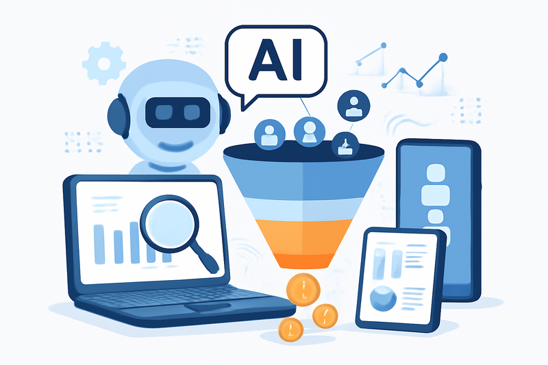 Ilustração de IA aplicada à prospecção com elementos de dados e funil de vendas