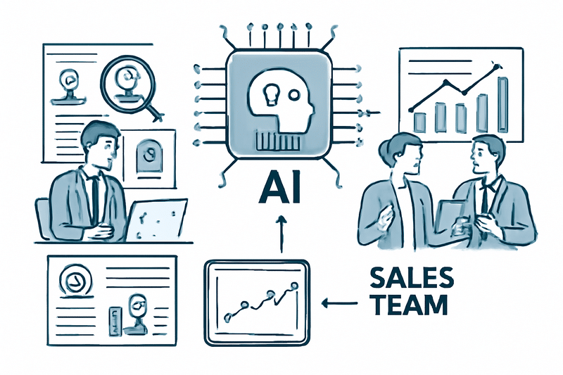 Ilustracao de IA de prospeccao para vendas com fluxos de dados