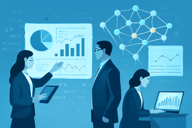 Conceito visual de IA aplicada à prospecção com dados e equipes