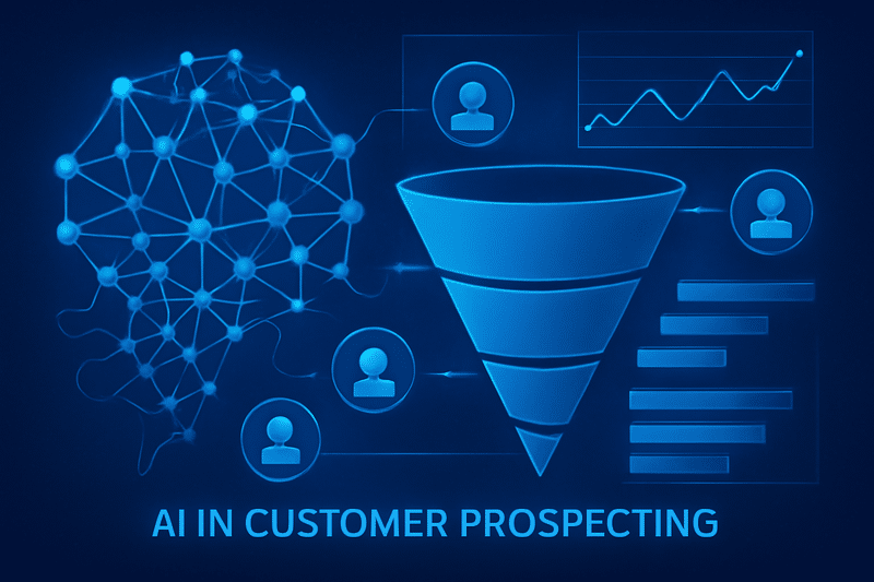 Ilustracao de IA de prospeccao com grafico de funil
