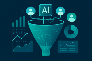 Ilustração de IA na prospecção com funil de vendas e gráficos