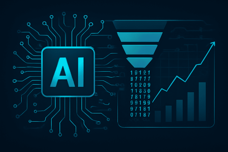 Ilustração de IA aplicada à prospecção com gráfico de funil